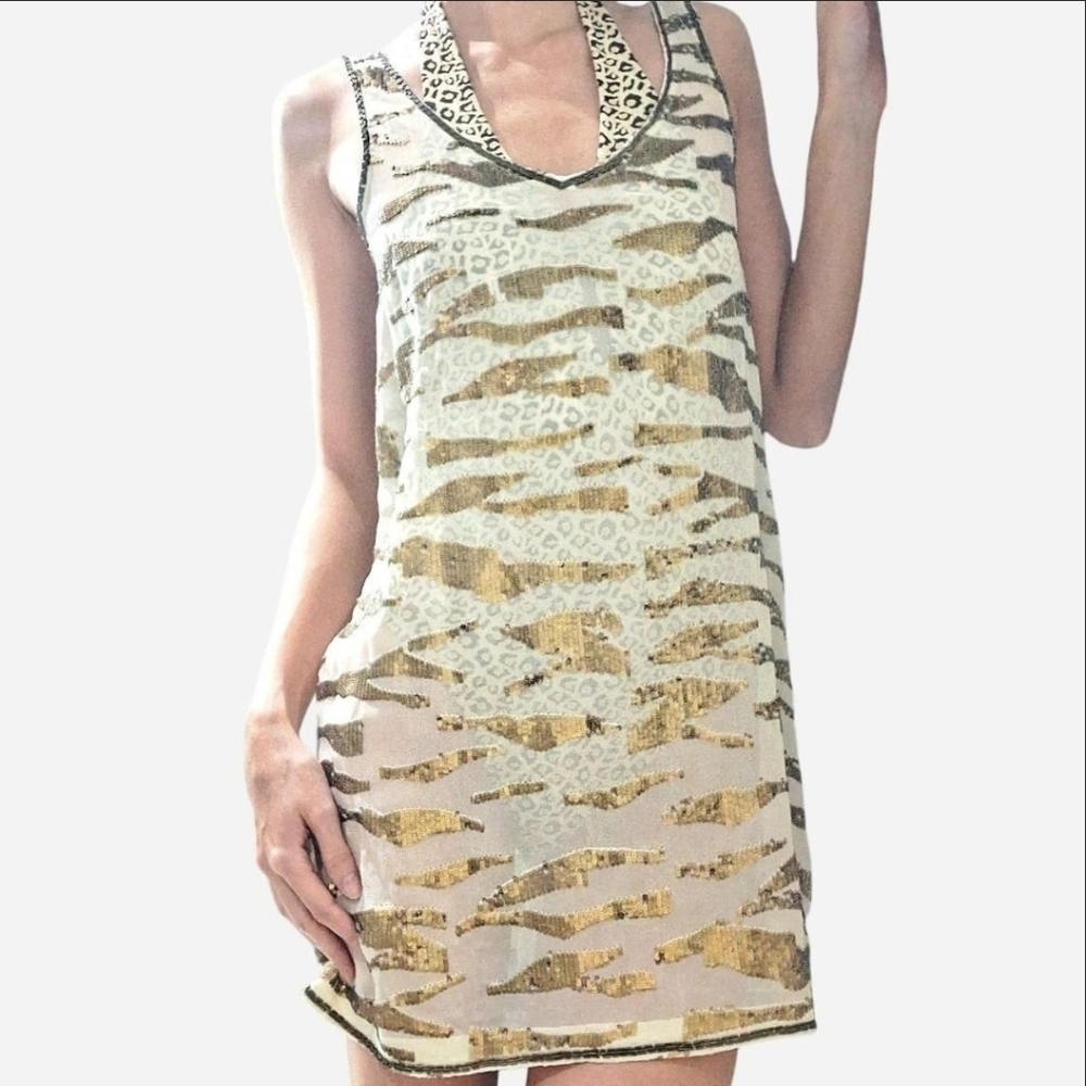 Ecote Sequin Tiger Print Sheer Beaded Tank Dress Gold Cream XS